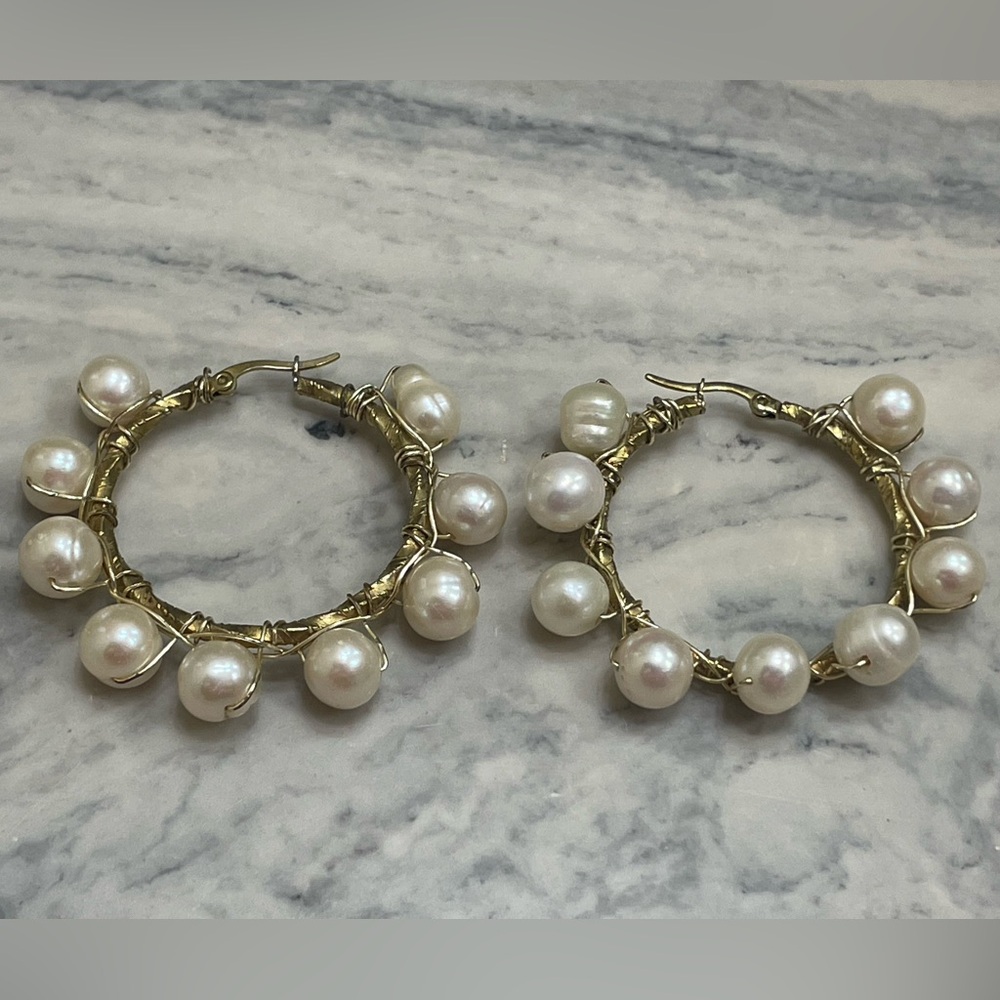 Handmade Pearl Hoop Earrings Gold Tone Artisan Wire Wrapped Statement Jewelry - Picture 8 of 14